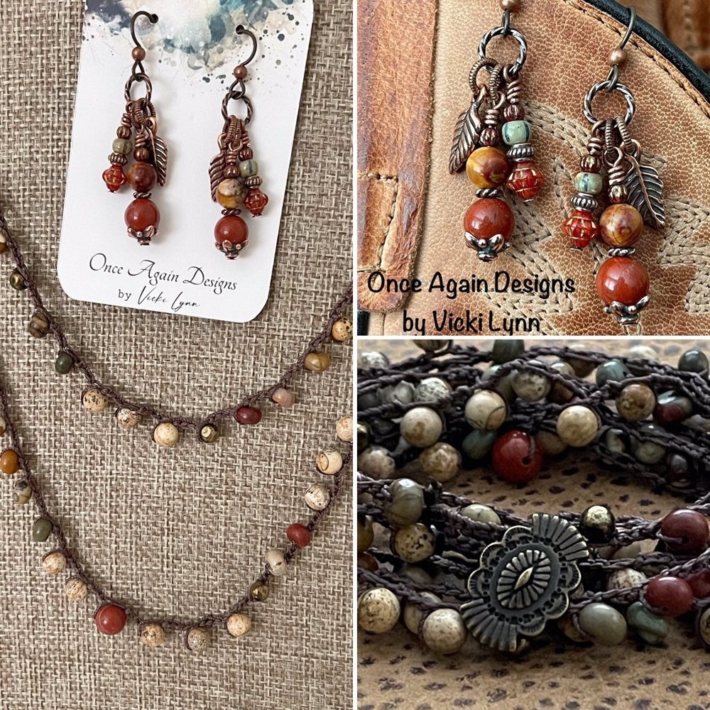 ARTISAN Necklace Jasper Mix on Chocolate Long Crocheted Wrap and Earrings Set